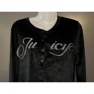 Juicy Couture Pajama Top Womens Large Black Velour Rhinestone Logo Button Front
